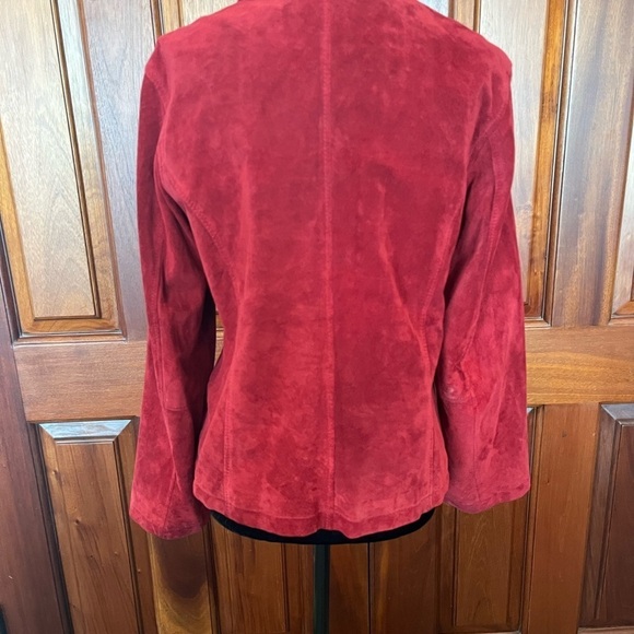 Chico’s Womens Suede Leather Jacket Sz 1/ US 8 Red Ruffles Button Closure - Picture 5 of 10
